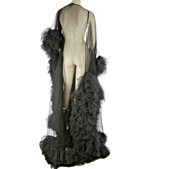 Black Sheer Tulle Puffy Robe Gown Dramatic Layered Boudoir Photoshoot Dress S - Picture 11 of 16